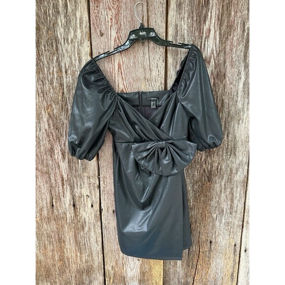 Forever 21 S Faux Leather Black Mini Dress Bow Puff Sleeve Goth Witchy - Picture 2 of 7